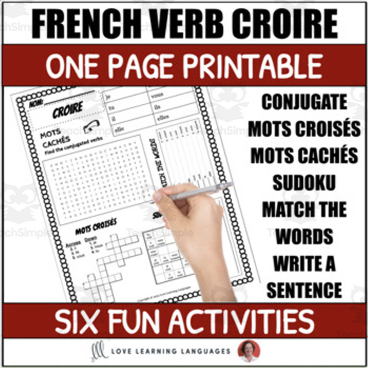 An educational teaching resource from Love Learning Languages entitled French Irregular Verb Croire Worksheet - 6 Activities - One Page Printable downloadable at Teach Simple.
