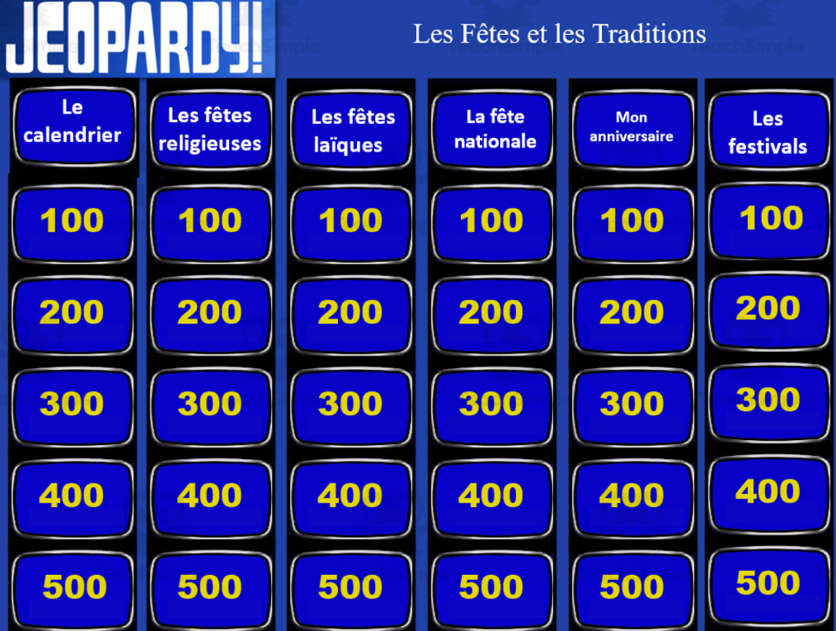 An educational teaching resource from Laprofdefrancais' Shop entitled French Jeopardy: Translation Game- French celebrations downloadable at Teach Simple.