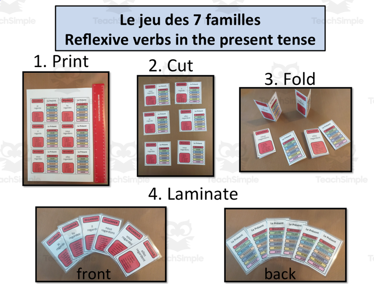 An educational teaching resource from Laprofdefrancais' Shop entitled French: jeu des 7 familles- Conjugation Speaking Game- Reflexive verbs in the Present downloadable at Teach Simple.