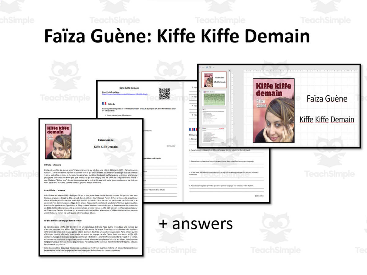 An educational teaching resource from Laprofdefrancais' Shop entitled French: Kiffe Kiffe Demain- Faïza Guène- Article and Worksheet downloadable at Teach Simple.