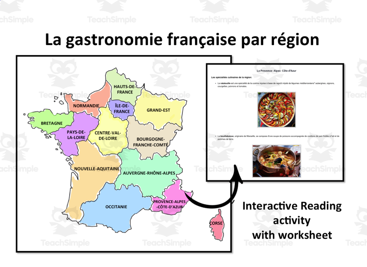 An educational teaching resource from Laprofdefrancais' Shop entitled French: La Gastronomie par Région- Reading activity downloadable at Teach Simple.