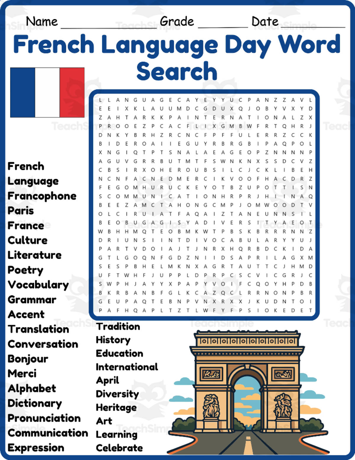 An educational teaching resource from Classsimple entitled French Language Day Word Search 2nd 3rd 4th 5th Grade Worksheet downloadable at Teach Simple.