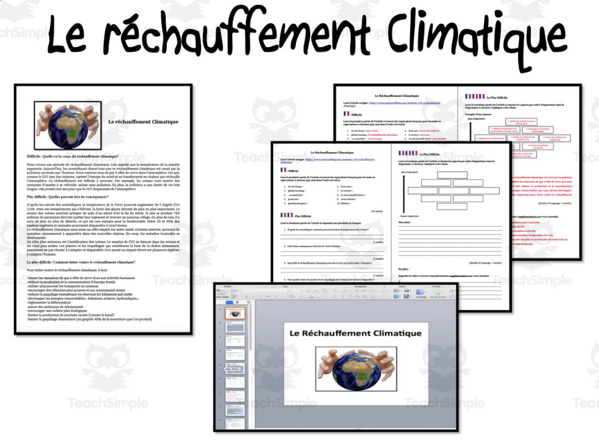 An educational teaching resource from Laprofdefrancais' Shop entitled French: Le Réchauffement Climatique- Article and Worksheet downloadable at Teach Simple.