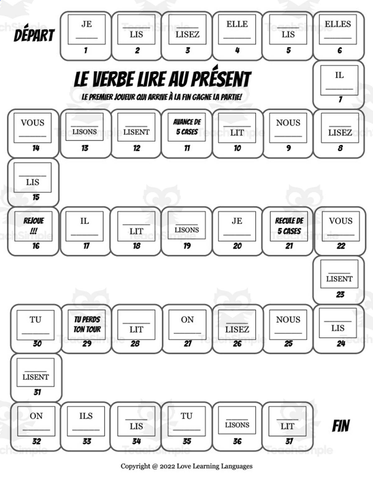 An educational teaching resource from Love Learning Languages entitled French: Lire Conjugation Board Game - Present Tense downloadable at Teach Simple.