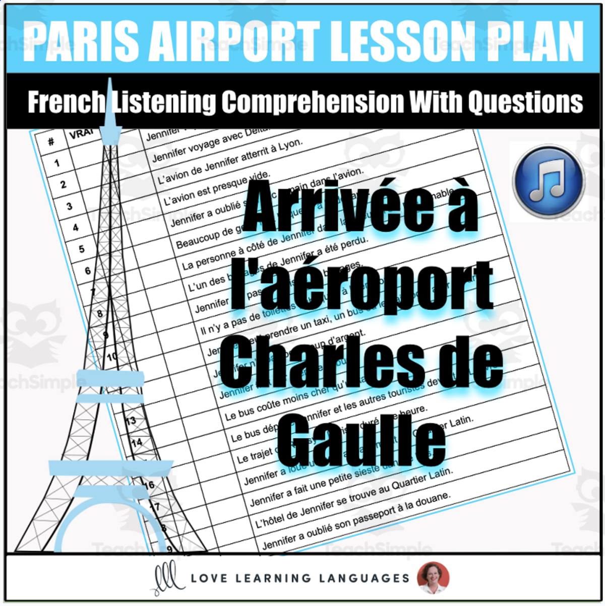 An educational teaching resource from Love Learning Languages entitled French Listening Comprehension - Arrival at Paris Airport - Aéroport downloadable at Teach Simple.