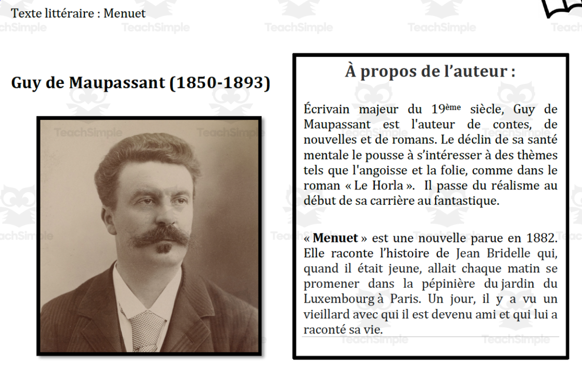An educational teaching resource from Laprofdefrancais' Shop entitled French- Literary Text- Guy de Maupassant downloadable at Teach Simple.