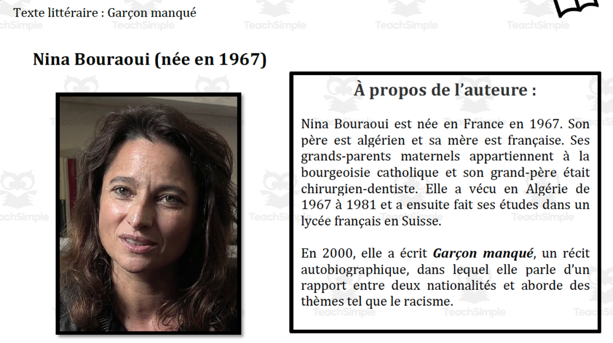 An educational teaching resource from Laprofdefrancais' Shop entitled French-Literary Text- Nina Bouraoui downloadable at Teach Simple.