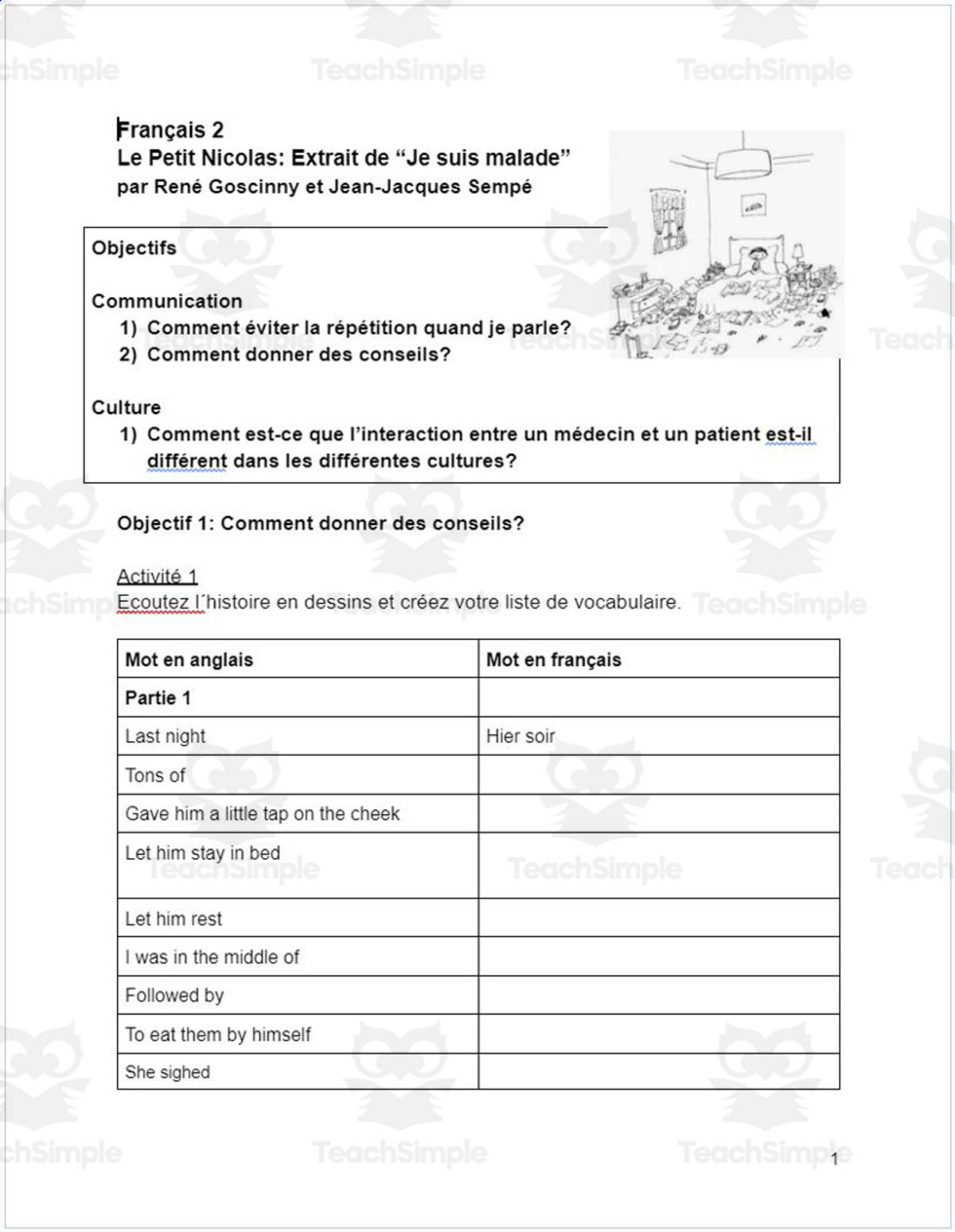 An educational teaching resource from Madame Murphy Comprehensible Culture entitled French: Livret Petit Nicolas - Extrait dei Je suis malade downloadable at Teach Simple.