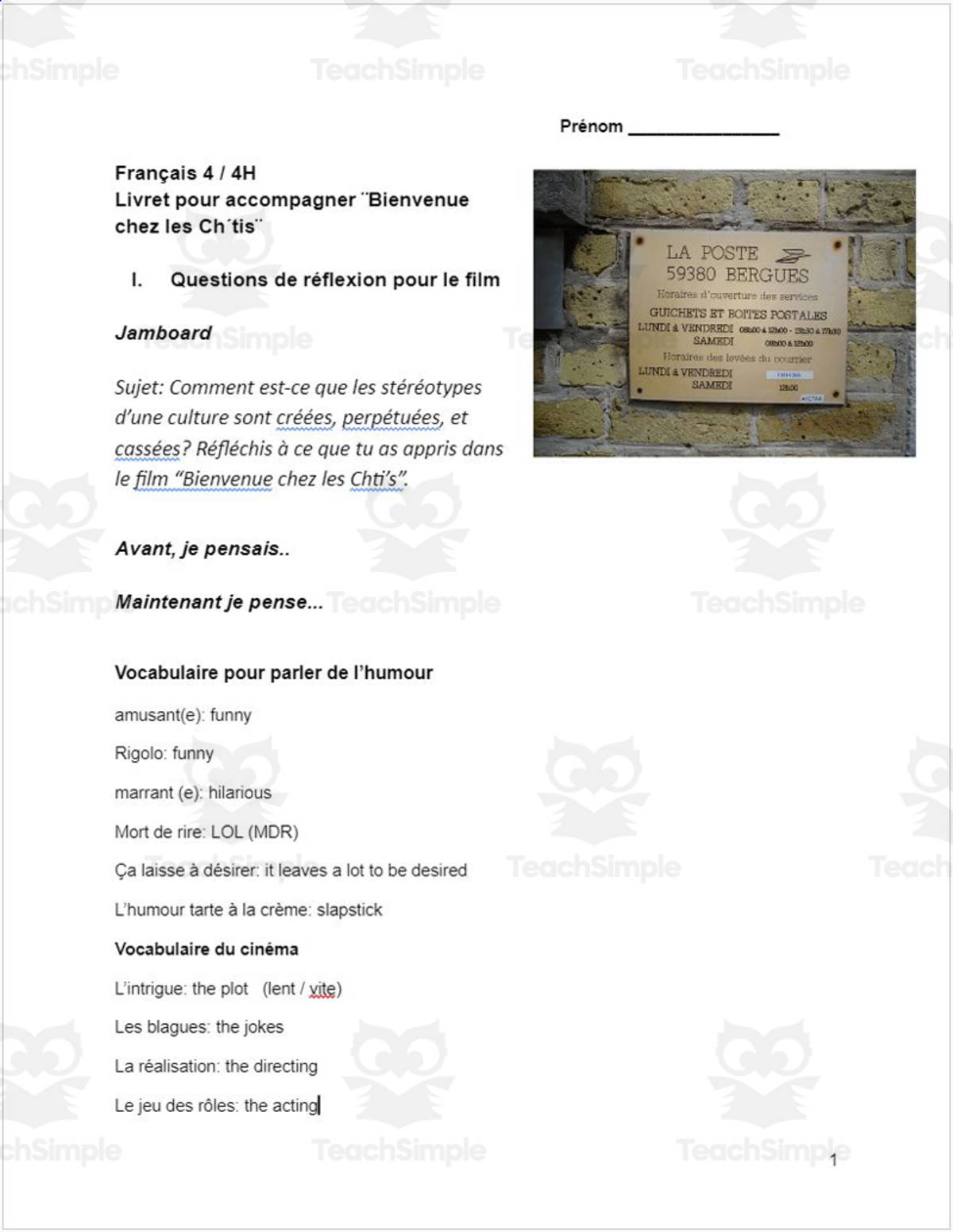 An educational teaching resource from Madame Murphy Comprehensible Culture entitled French: Livret pour accompagner ¨Bienvenue chez les Ch´tis¨ downloadable at Teach Simple.