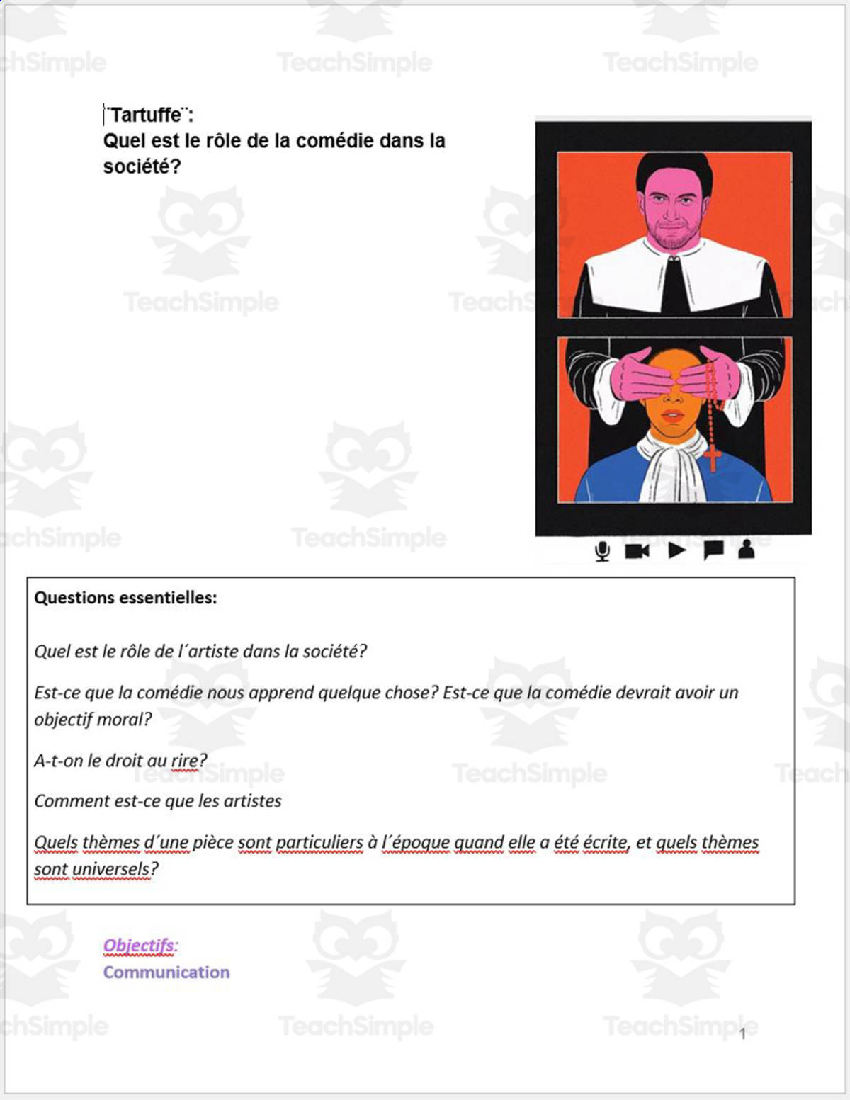 An educational teaching resource from Madame Murphy Comprehensible Culture entitled French: Livret Tartuffe downloadable at Teach Simple.