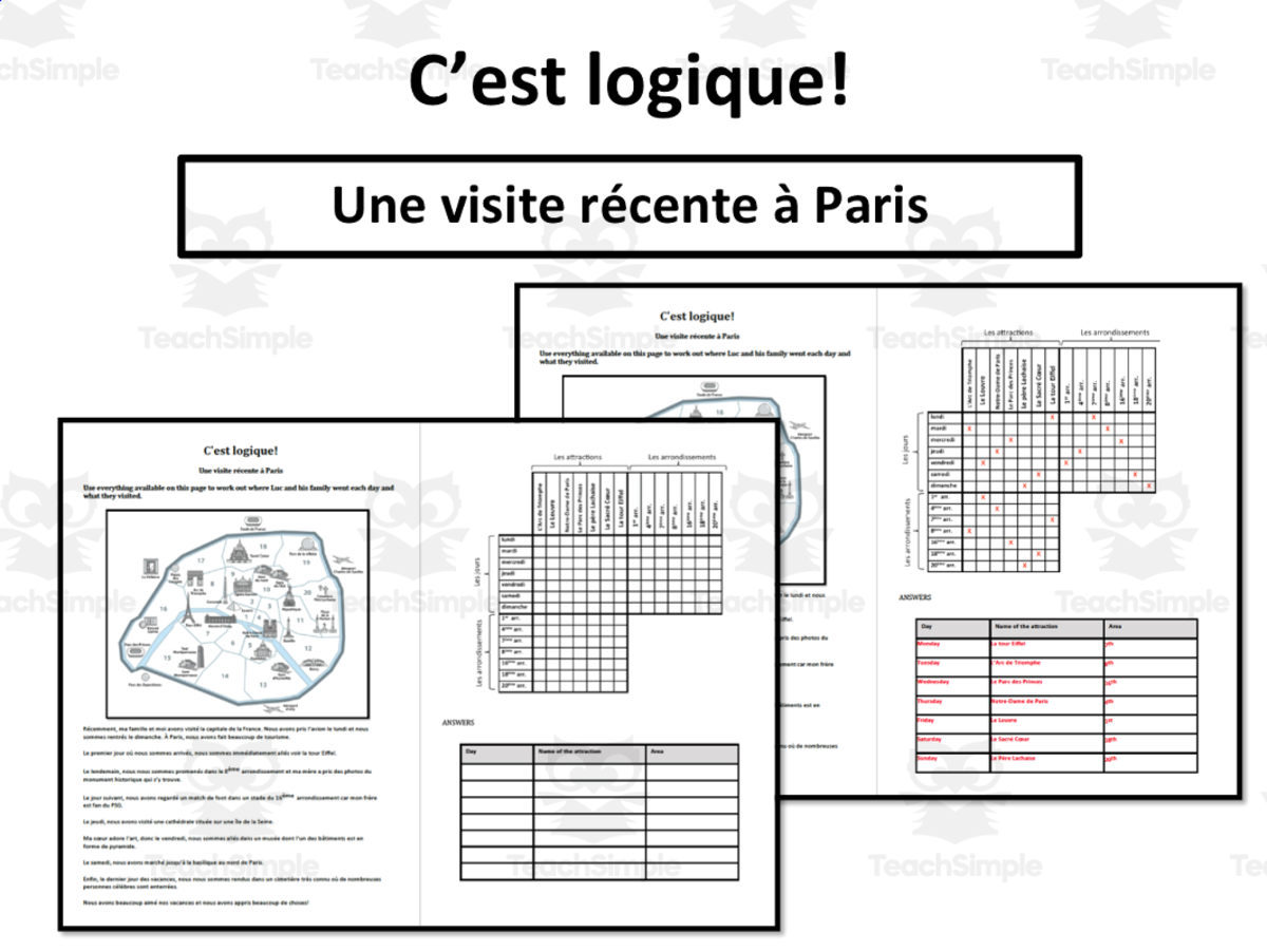 An educational teaching resource from Laprofdefrancais' Shop entitled French: Logic Puzzle- A recent trip to Paris downloadable at Teach Simple.