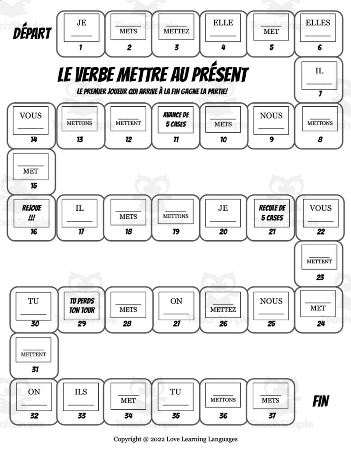 An educational teaching resource from Love Learning Languages entitled French: Mettre Conjugation Board Game - Present Tense downloadable at Teach Simple.