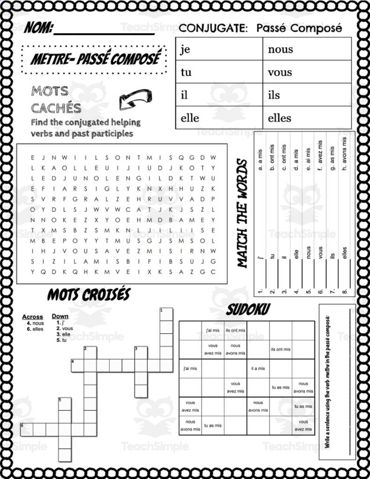An educational teaching resource from Love Learning Languages entitled French: METTRE Conjugation Worksheet downloadable at Teach Simple.