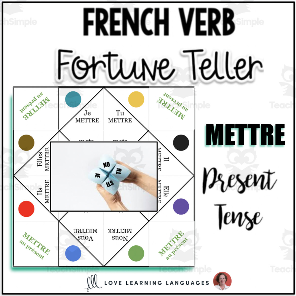 An educational teaching resource from Love Learning Languages entitled French: METTRE PRESENT TENSE Fortune Teller downloadable at Teach Simple.