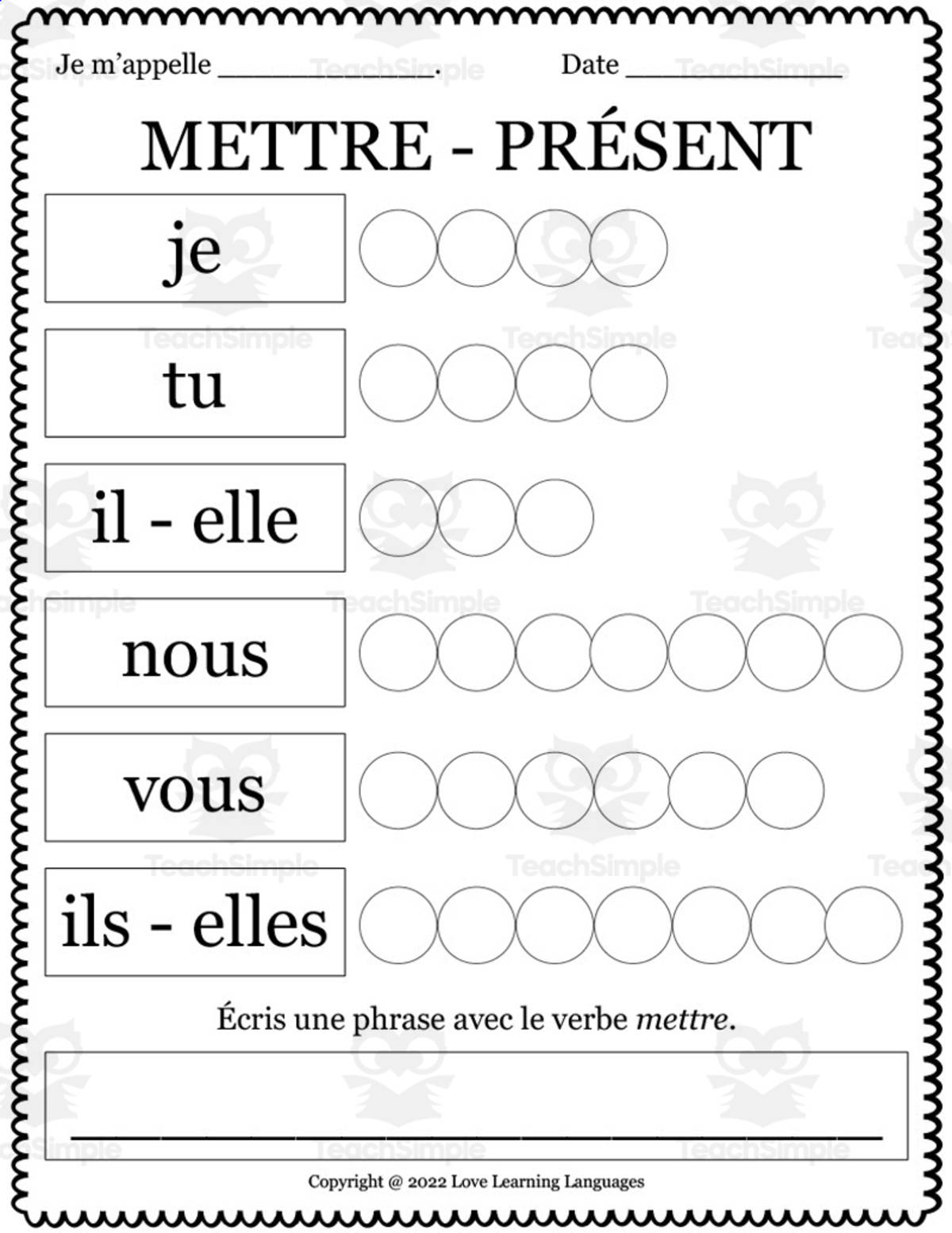 An educational teaching resource from Love Learning Languages entitled French: METTRE - Present Tense Worksheet downloadable at Teach Simple.