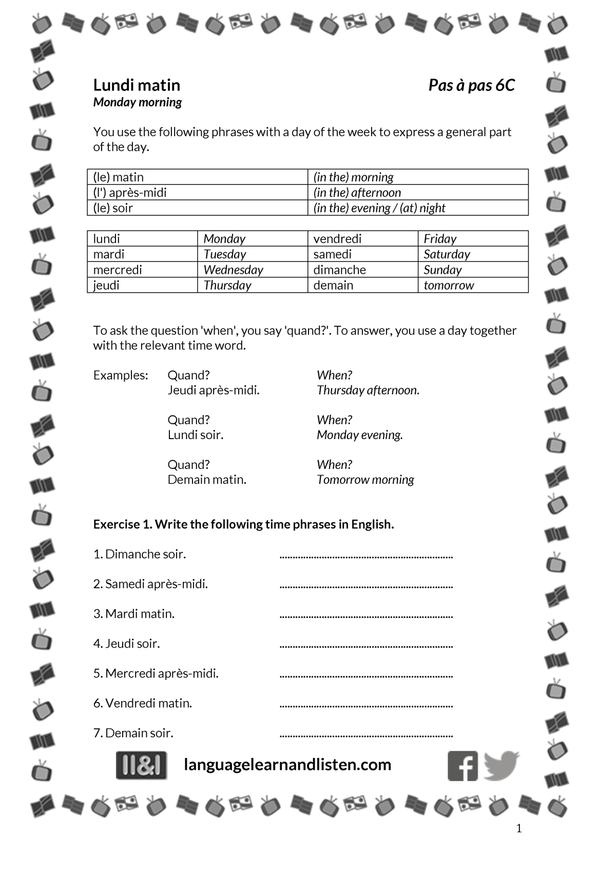 An educational teaching resource from Language Learn and Listen entitled French - Monday morning (parts of the day) downloadable at Teach Simple.