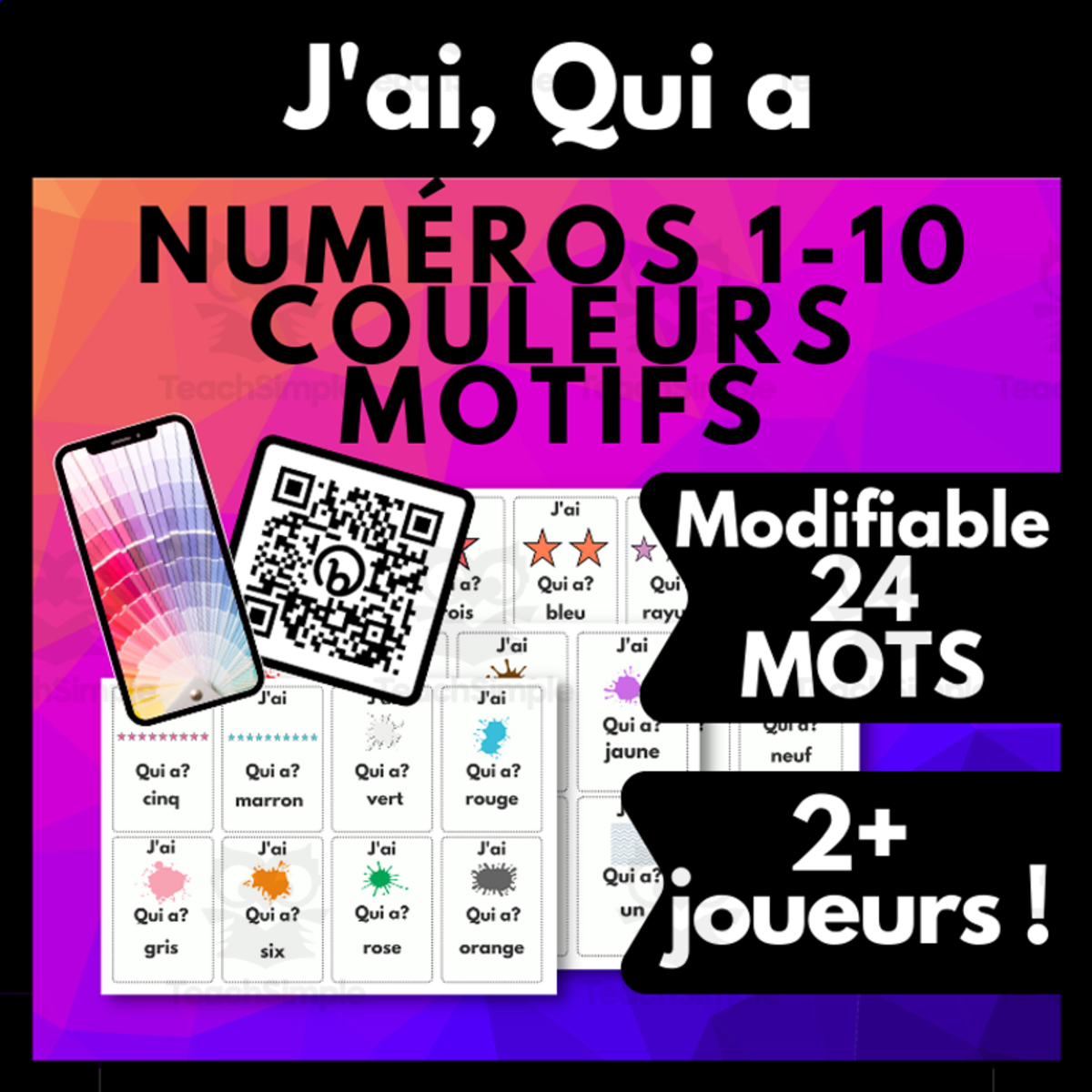 An educational teaching resource from Melissa Is Teaching entitled French Numbers 1-10, Colors, and Patterns Vocabulary Game 2+ Players downloadable at Teach Simple.