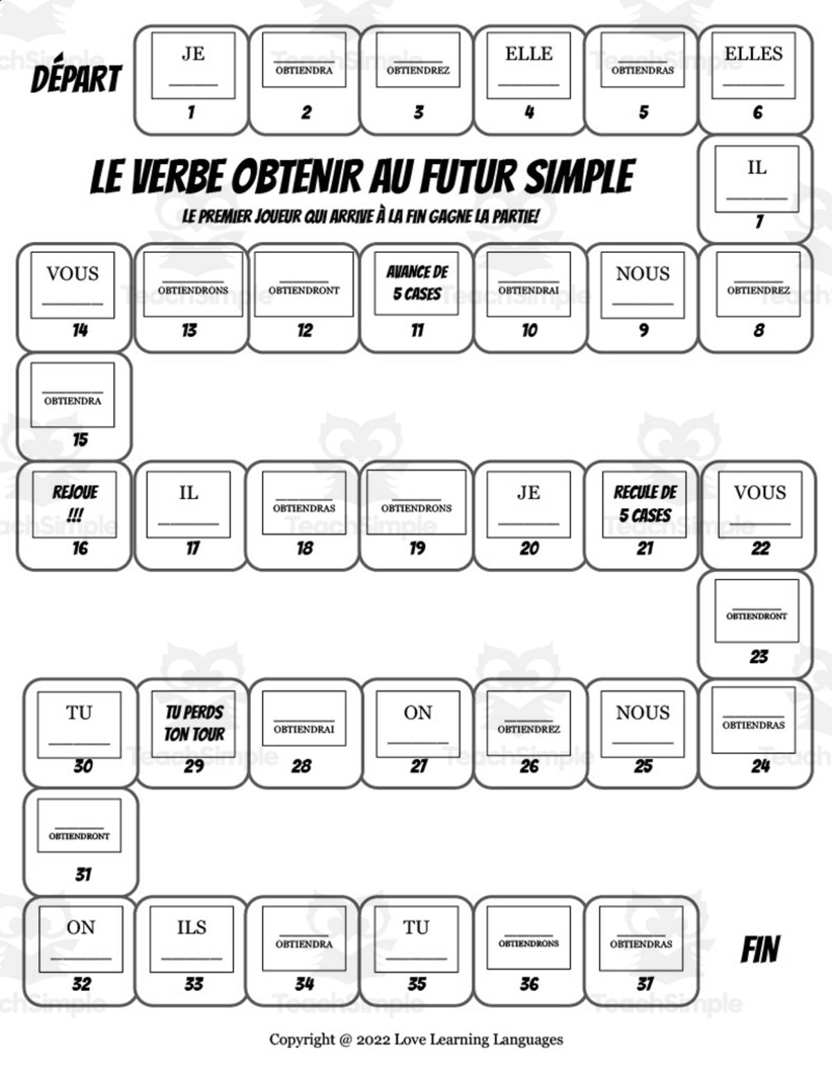 An educational teaching resource from Love Learning Languages entitled French: Obtenir Conjugation Board Game - Futur Simple downloadable at Teach Simple.