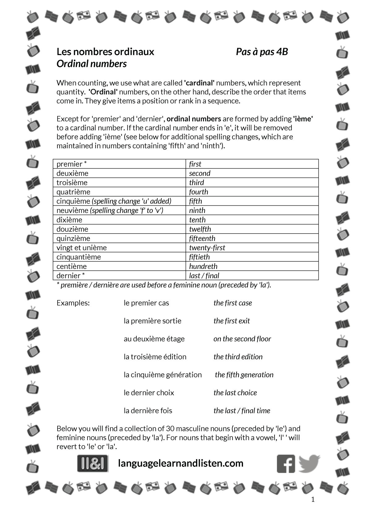 An educational teaching resource from Language Learn and Listen entitled French - Ordinal numbers downloadable at Teach Simple.