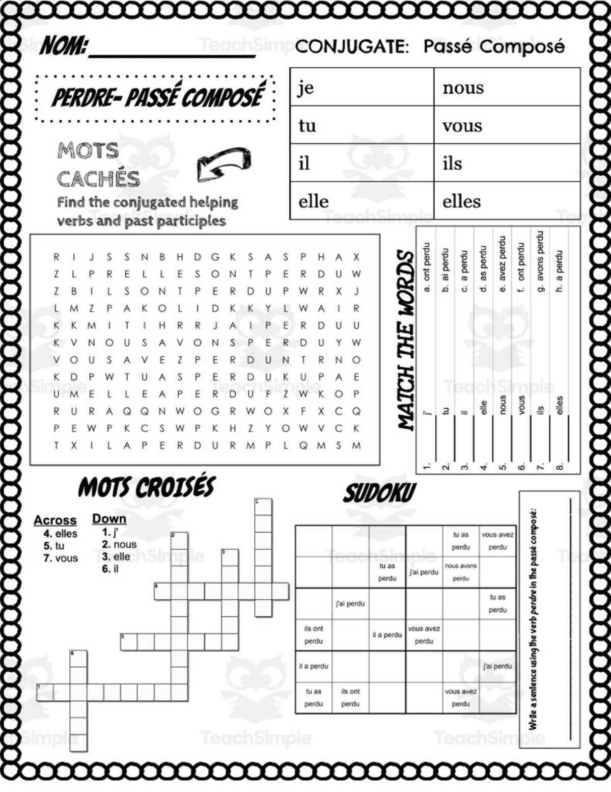 An educational teaching resource from Love Learning Languages entitled French: PERDRE Conjugation Worksheet downloadable at Teach Simple.