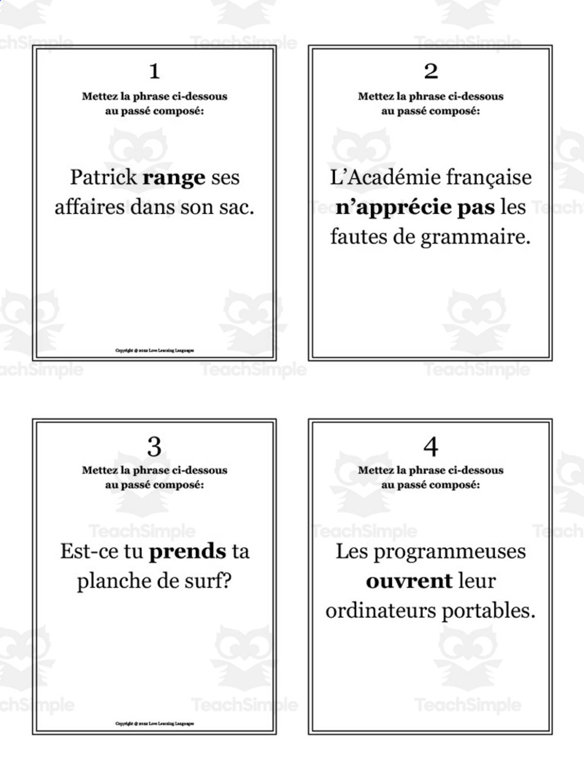 An educational teaching resource from Love Learning Languages entitled French: Perfect Tense Practice Cards downloadable at Teach Simple.
