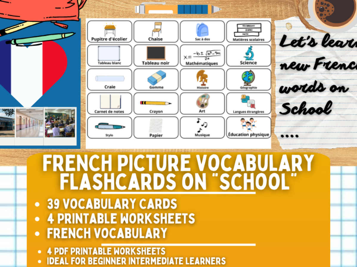 An educational teaching resource from Learning with Alan entitled French Picture Vocabulary Flashcards - School downloadable at Teach Simple.