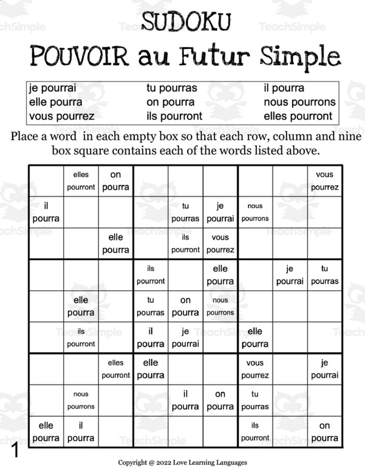 An educational teaching resource from Love Learning Languages entitled French: POUVOIR Futur Simple Sudoku downloadable at Teach Simple.
