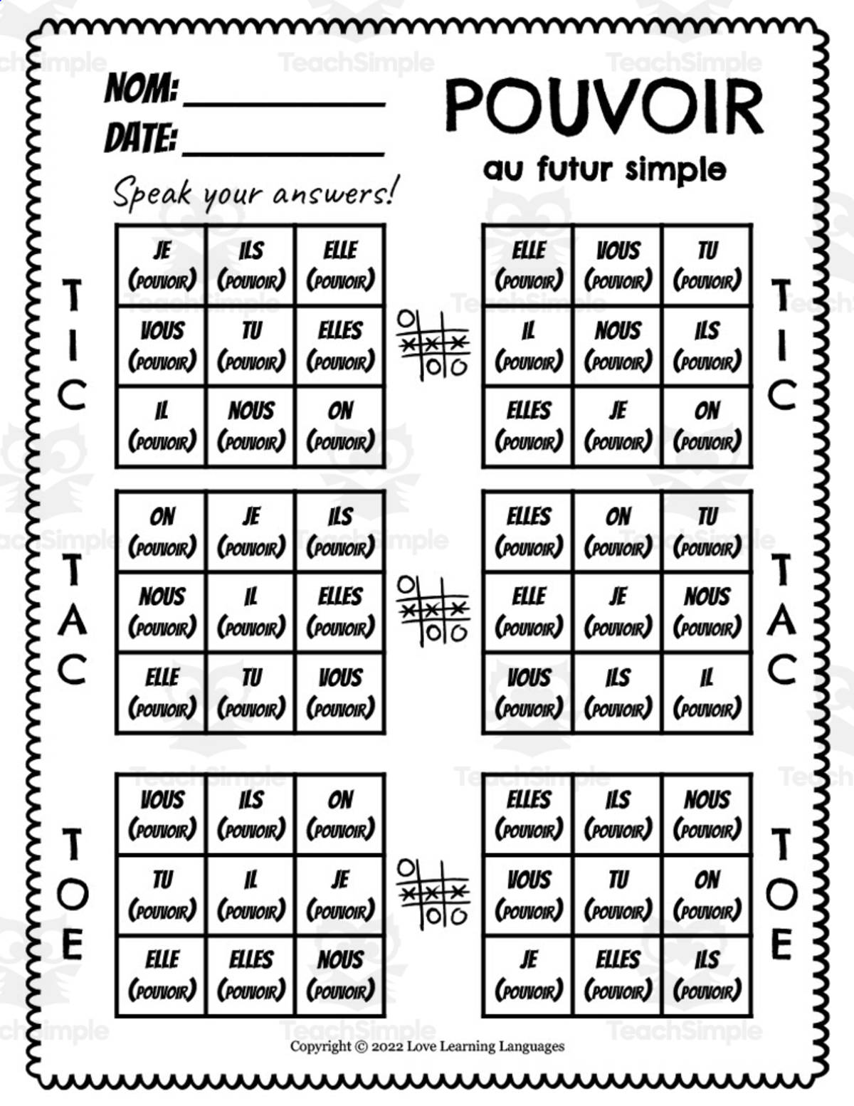 An educational teaching resource from Love Learning Languages entitled French: POUVOIR Futur Simple Tic Tac Toe Game downloadable at Teach Simple.