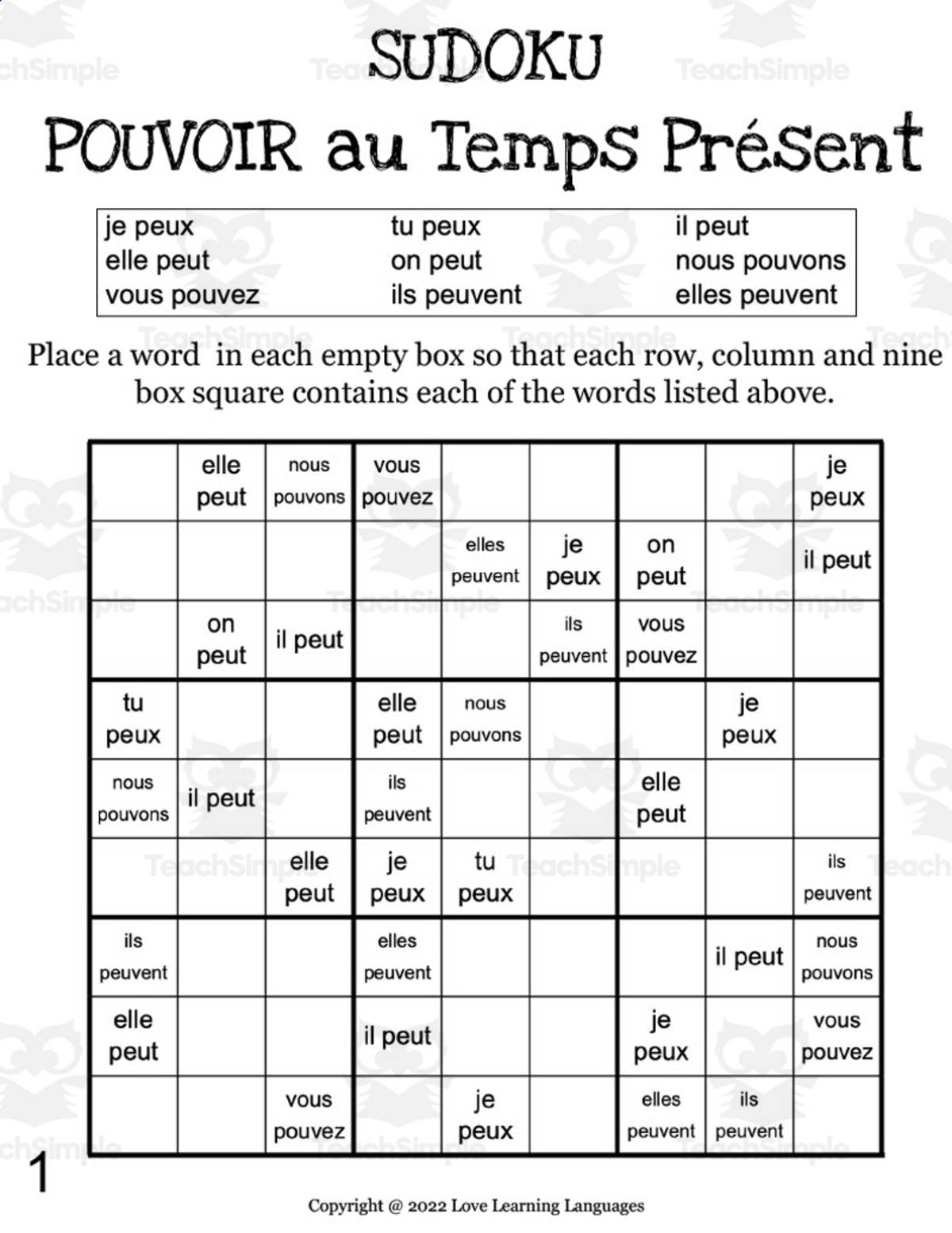 An educational teaching resource from Love Learning Languages entitled French: POUVOIR Present Tense Sudoku downloadable at Teach Simple.