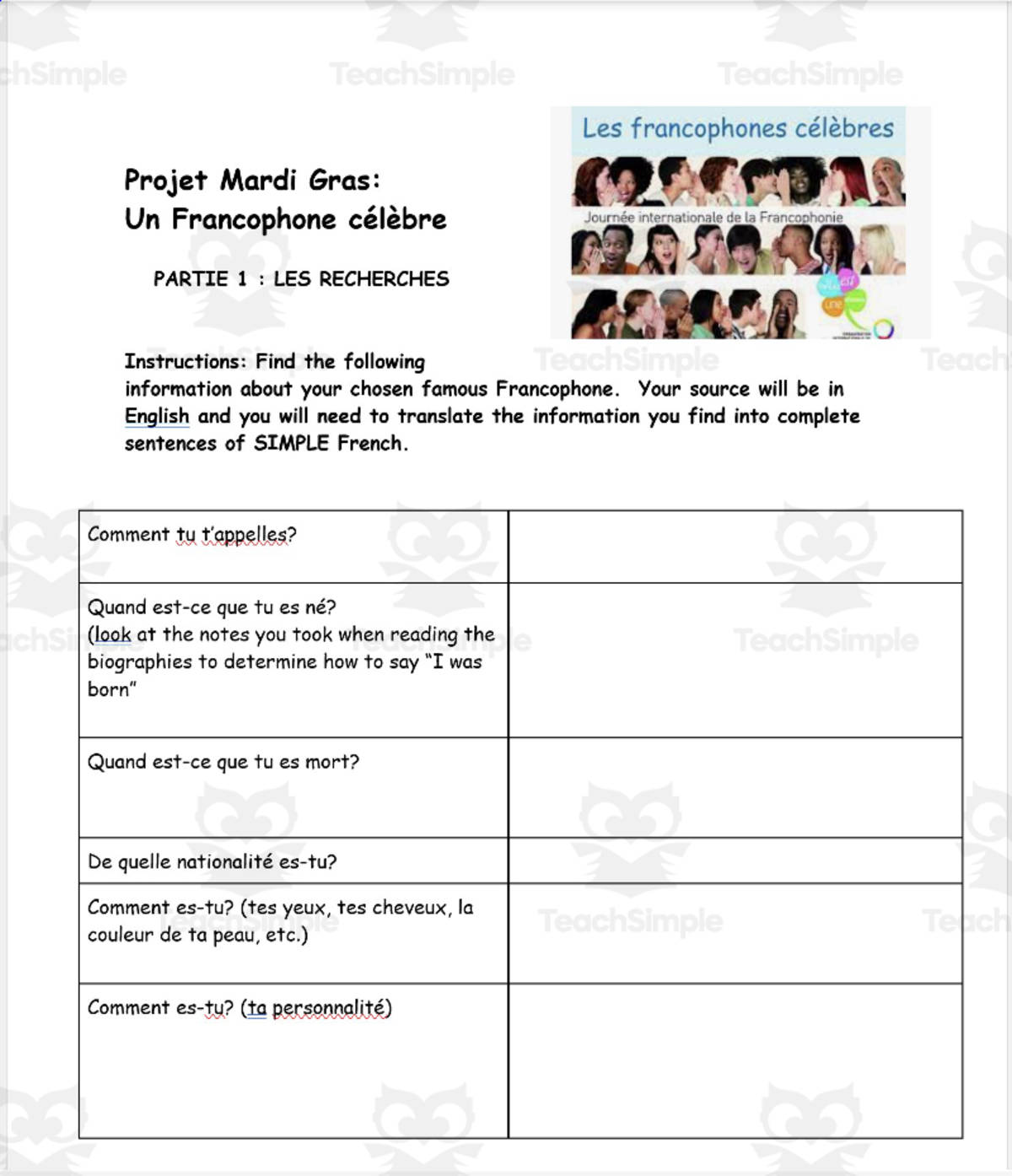 An educational teaching resource from Madame Murphy Comprehensible Culture entitled French Project: Projet Mardi Gras:  Un Francophone célèbre downloadable at Teach Simple.