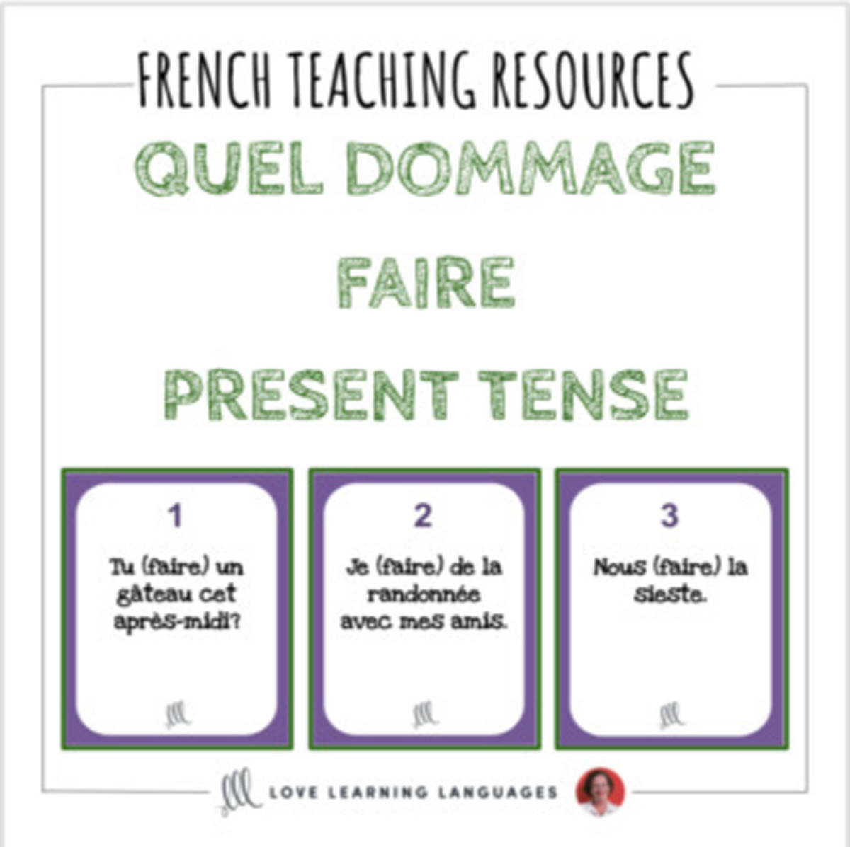 An educational teaching resource from Love Learning Languages entitled French: Quel Dommage Game - Faire Present Tense Task Cards downloadable at Teach Simple.
