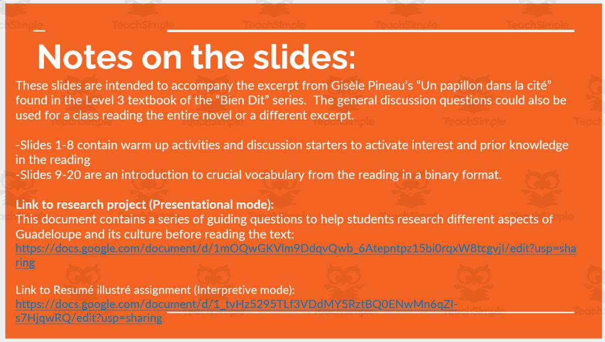 An educational teaching resource from Madame Murphy Comprehensible Culture entitled French: Reading Comprehension from "Gisèle Pineau’s “Un papillon dans la cité” downloadable at Teach Simple.