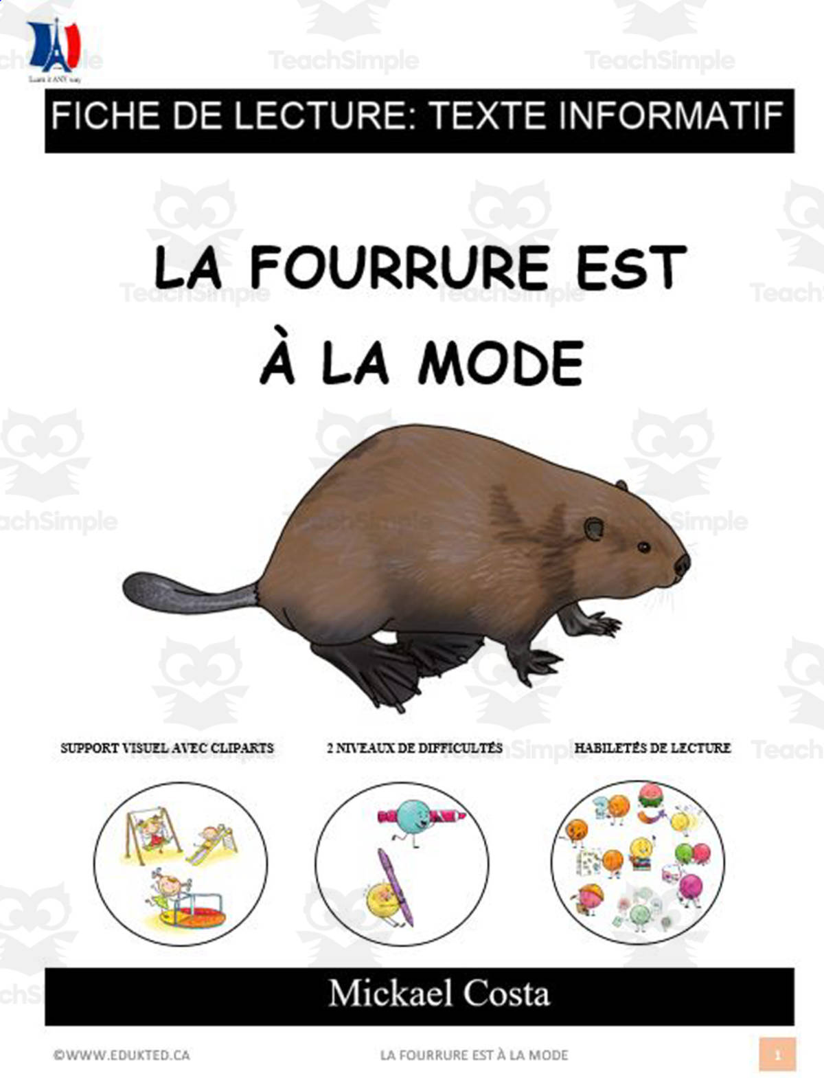 An educational teaching resource from Learn it ANY way entitled French: Reading comprehension worksheets: La fourrure est à la mode downloadable at Teach Simple.