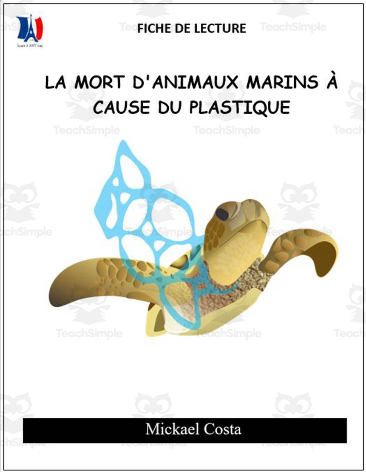 An educational teaching resource from Learn it ANY way entitled French: Reading comprehension worksheets: La mort d'animaux marins à cause du plastique downloadable at Teach Simple.