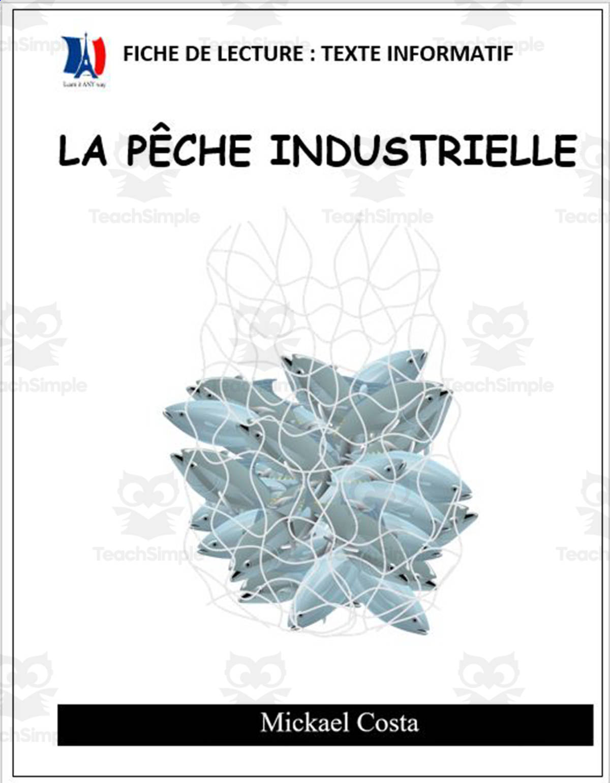 An educational teaching resource from Learn it ANY way entitled French: Reading comprehension worksheets: La pêche industrielle downloadable at Teach Simple.