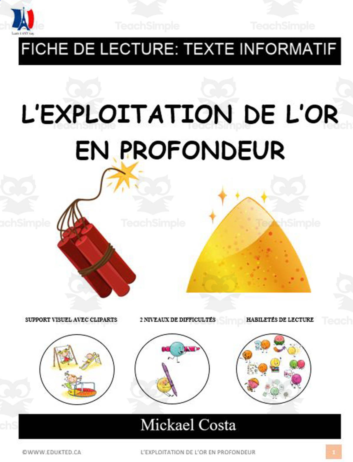 An educational teaching resource from Learn it ANY way entitled French: Reading comprehension worksheets: L'exploitation de l'or en profondeur downloadable at Teach Simple.
