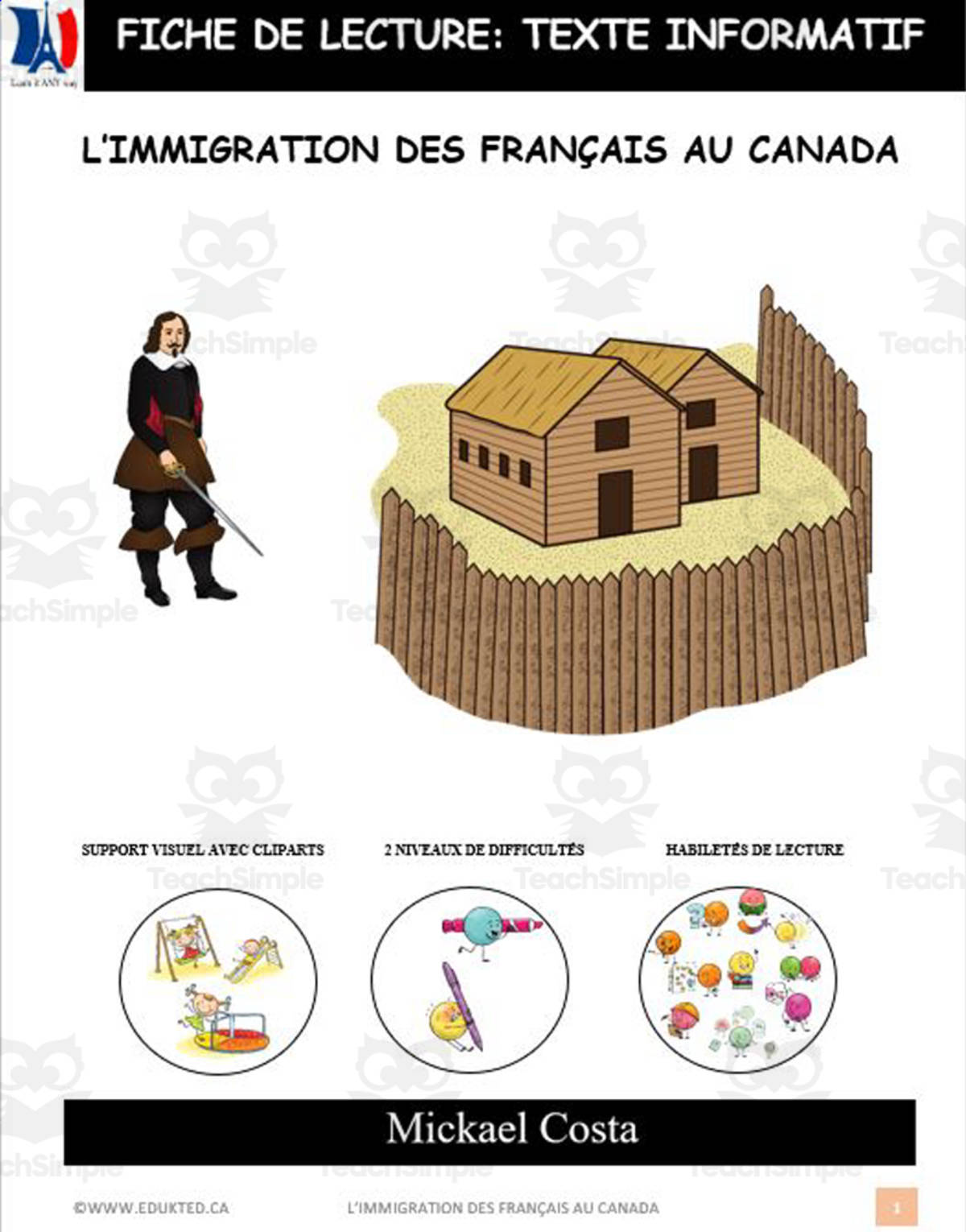 An educational teaching resource from Learn it ANY way entitled French: Reading comprehension worksheets: L'immigration des français downloadable at Teach Simple.