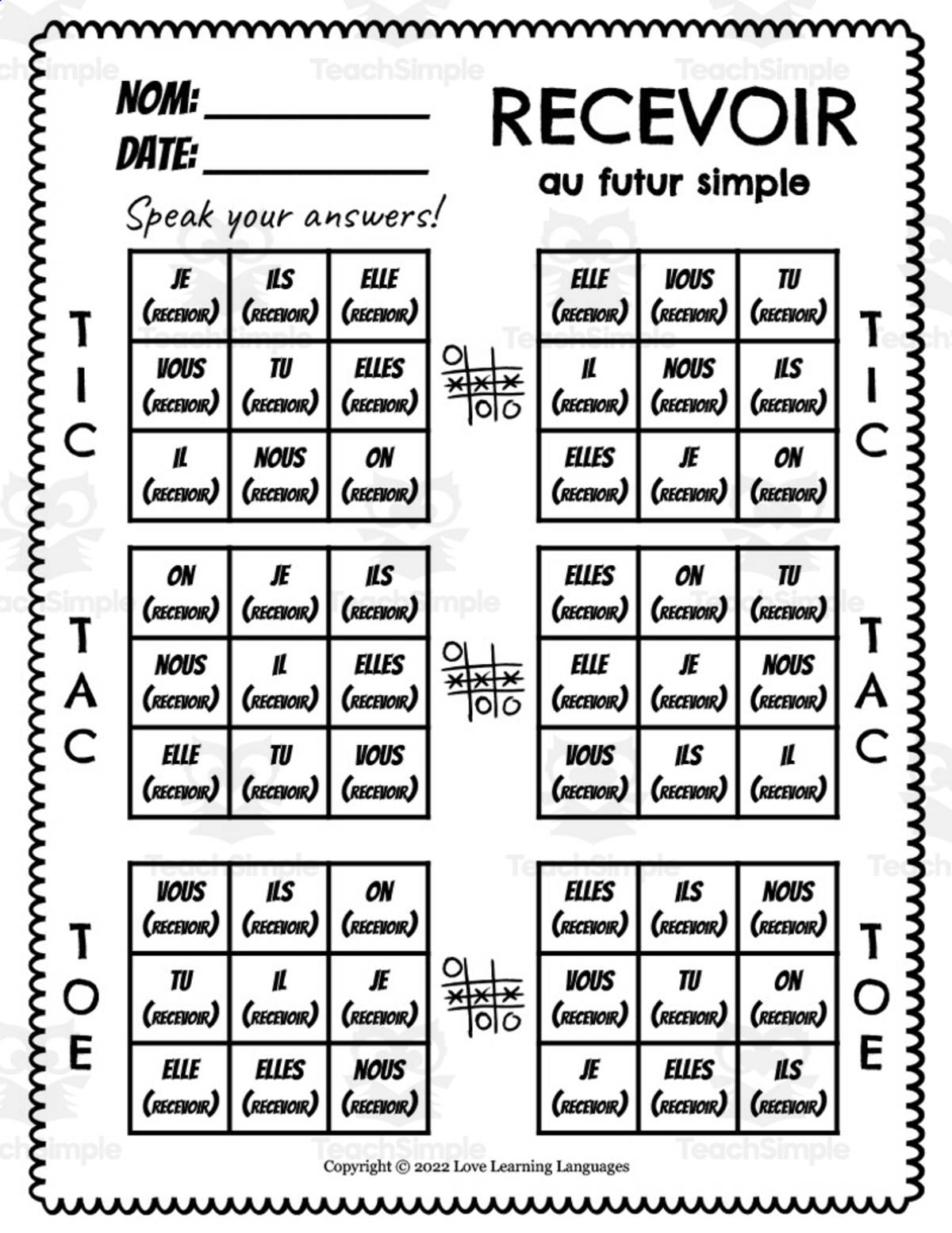 An educational teaching resource from Love Learning Languages entitled French: Recevoir Futur Simple Tic Tac Toe Game downloadable at Teach Simple.