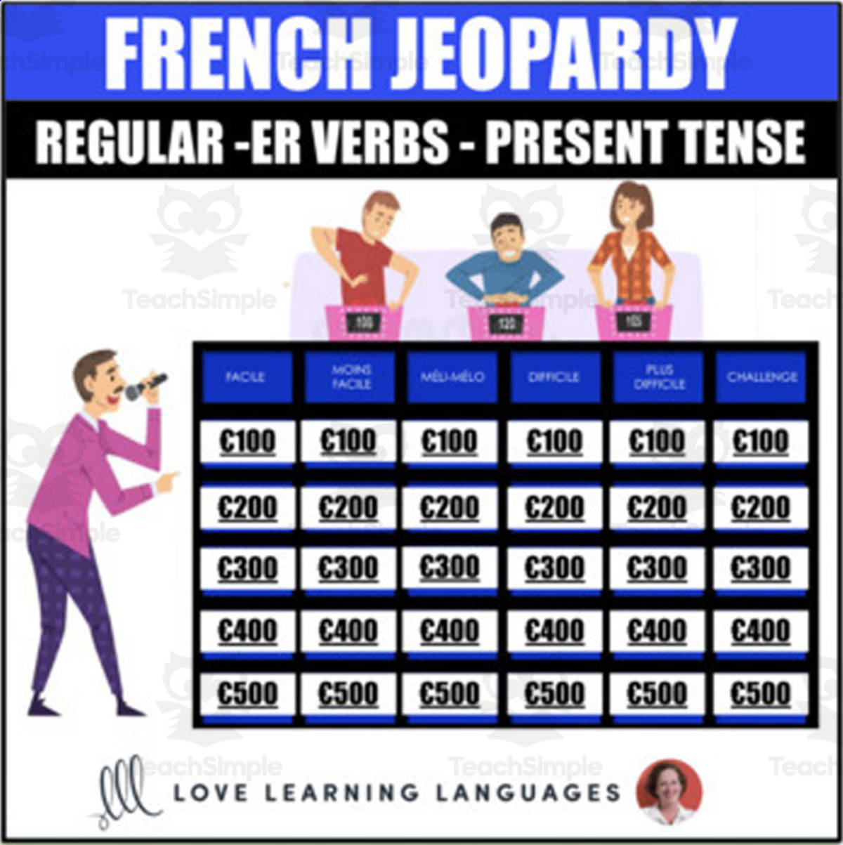 An educational teaching resource from Love Learning Languages entitled French Regular ER Verbs - Present Tense Jeopardy Style Review Game - PowerPoint downloadable at Teach Simple.