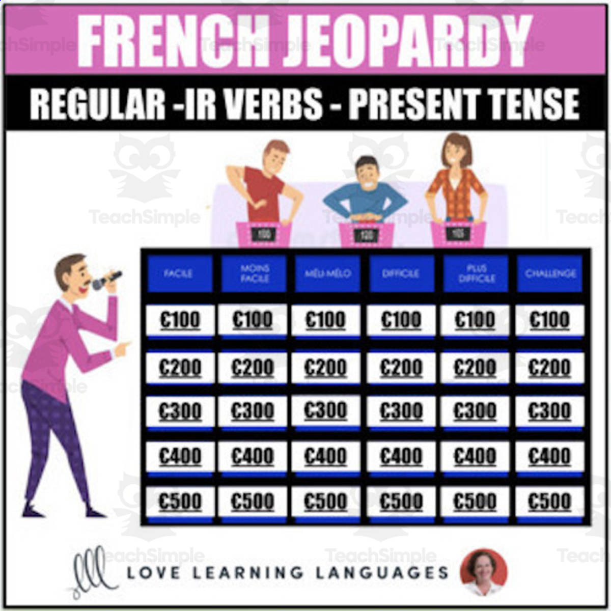 An educational teaching resource from Love Learning Languages entitled French Regular IR Verbs - Present Tense Jeopardy Style Review Game - PowerPoint downloadable at Teach Simple.