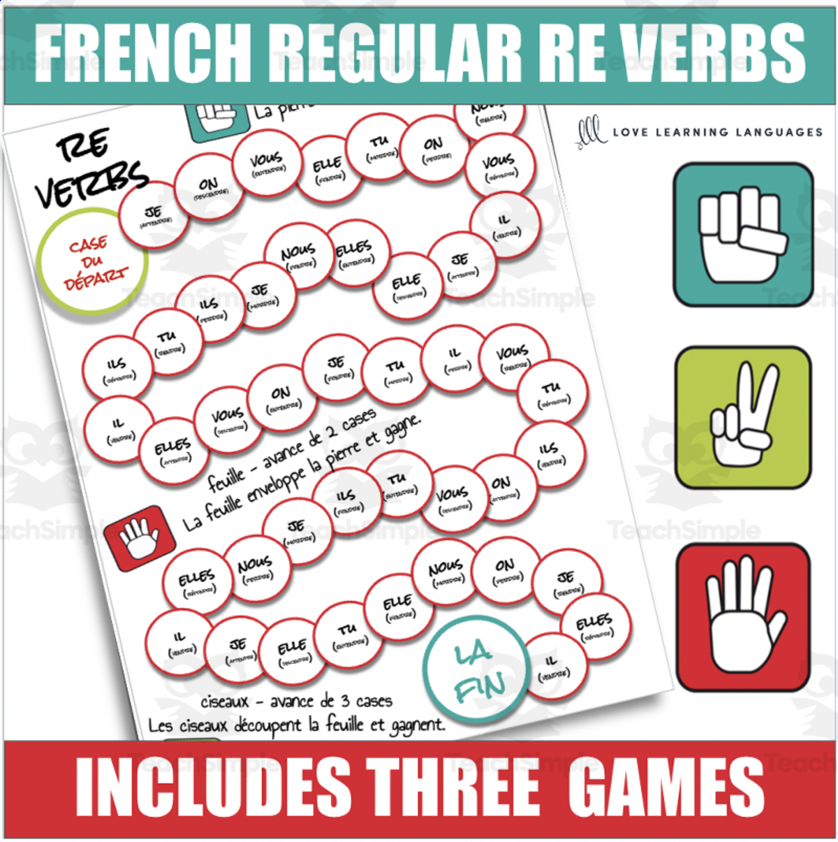 An educational teaching resource from Love Learning Languages entitled French Regular RE Verbs Conjugation Game - Rock, Paper, Scissors downloadable at Teach Simple.