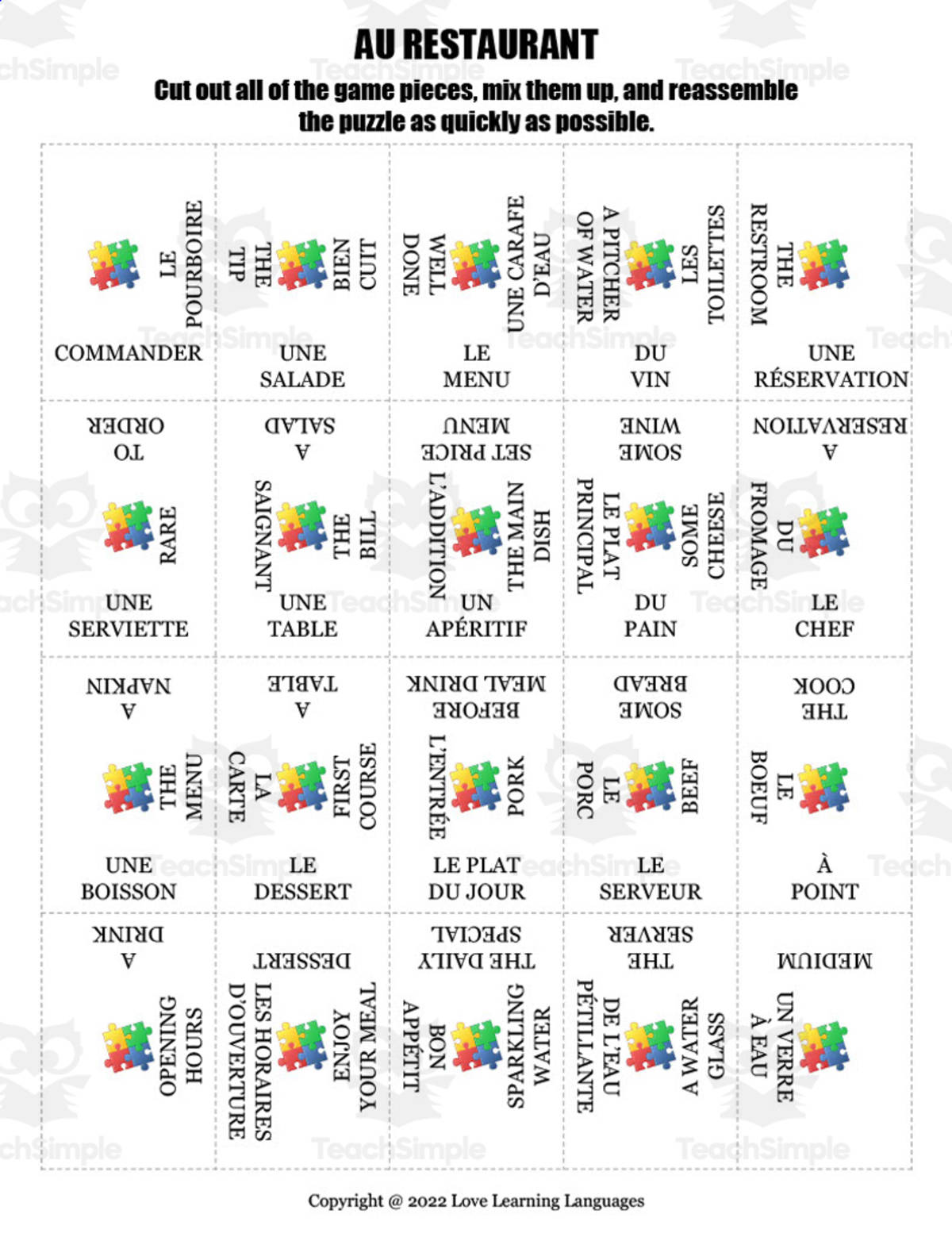 An educational teaching resource from Love Learning Languages entitled French: RESTAURANT Vocabulary Puzzle downloadable at Teach Simple.