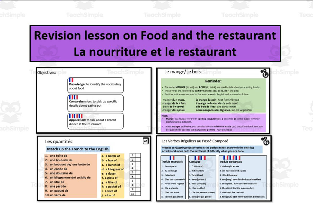 An educational teaching resource from Laprofdefrancais' Shop entitled French: Revision Lesson on Food and restaurant- Au restaurant downloadable at Teach Simple.