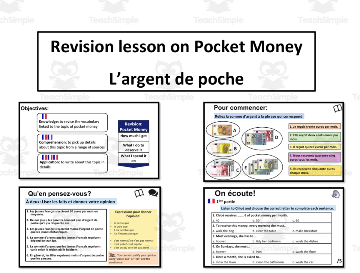 An educational teaching resource from Laprofdefrancais' Shop entitled French: Revision Lesson on Pocket Money- Argent de Poche downloadable at Teach Simple.