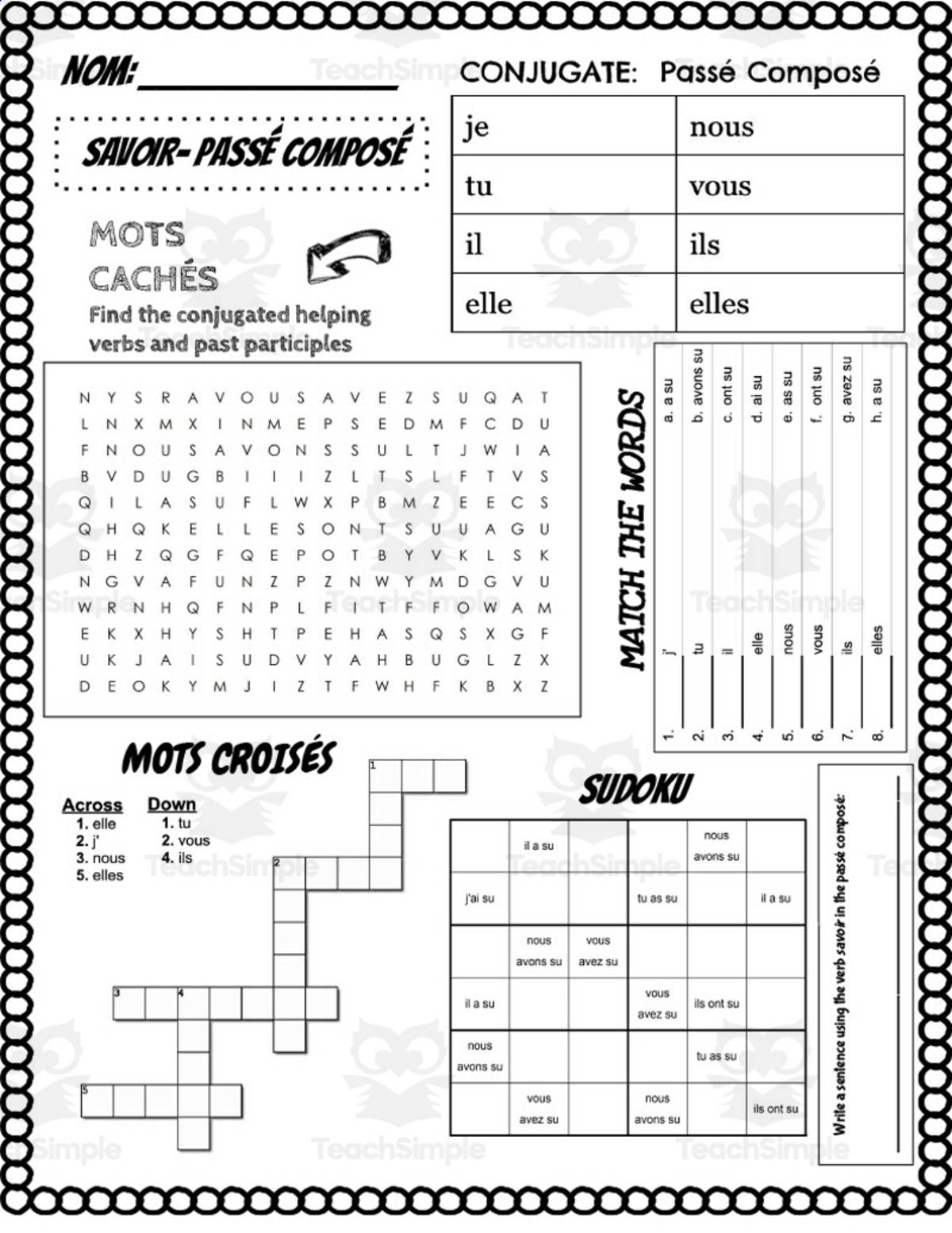 An educational teaching resource from Love Learning Languages entitled French: Savoir Conjugation Worksheet downloadable at Teach Simple.