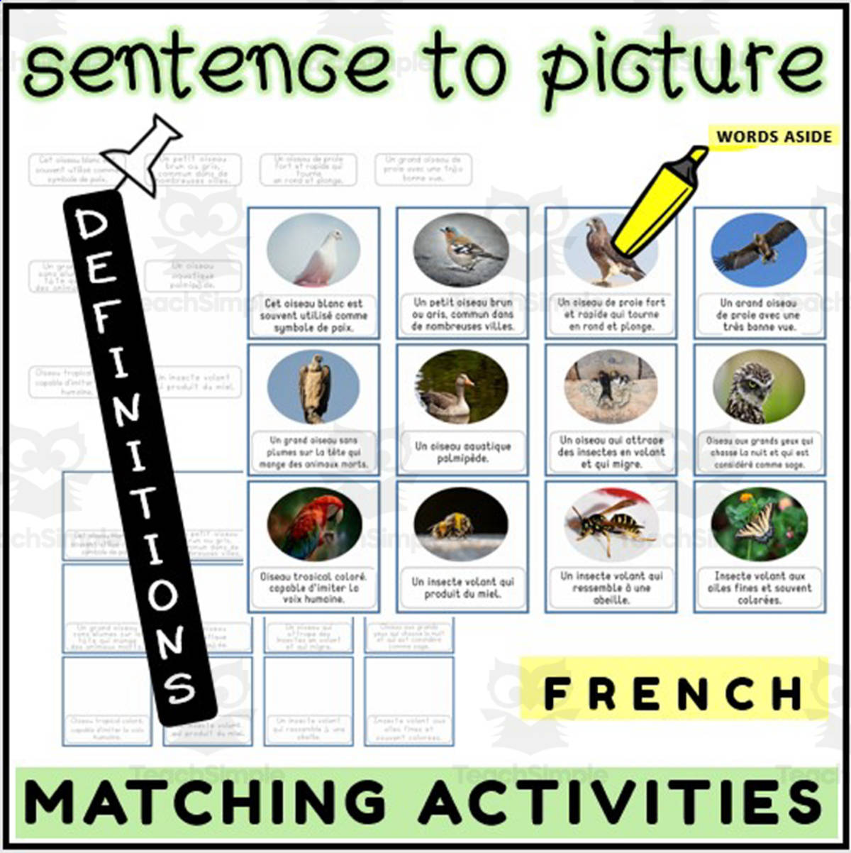 An educational teaching resource from WORDS ASIDE entitled French Sentence to Picture Activities Flashcards 1 downloadable at Teach Simple.