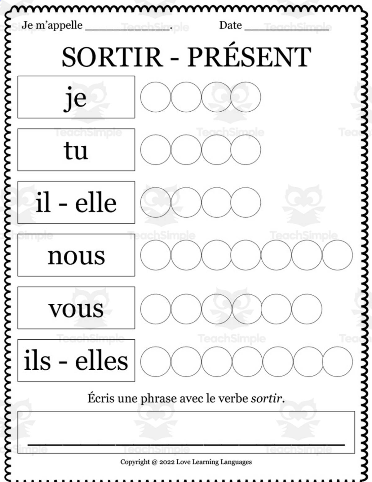 An educational teaching resource from Love Learning Languages entitled French: SORTIR - Present Tense Worksheet downloadable at Teach Simple.