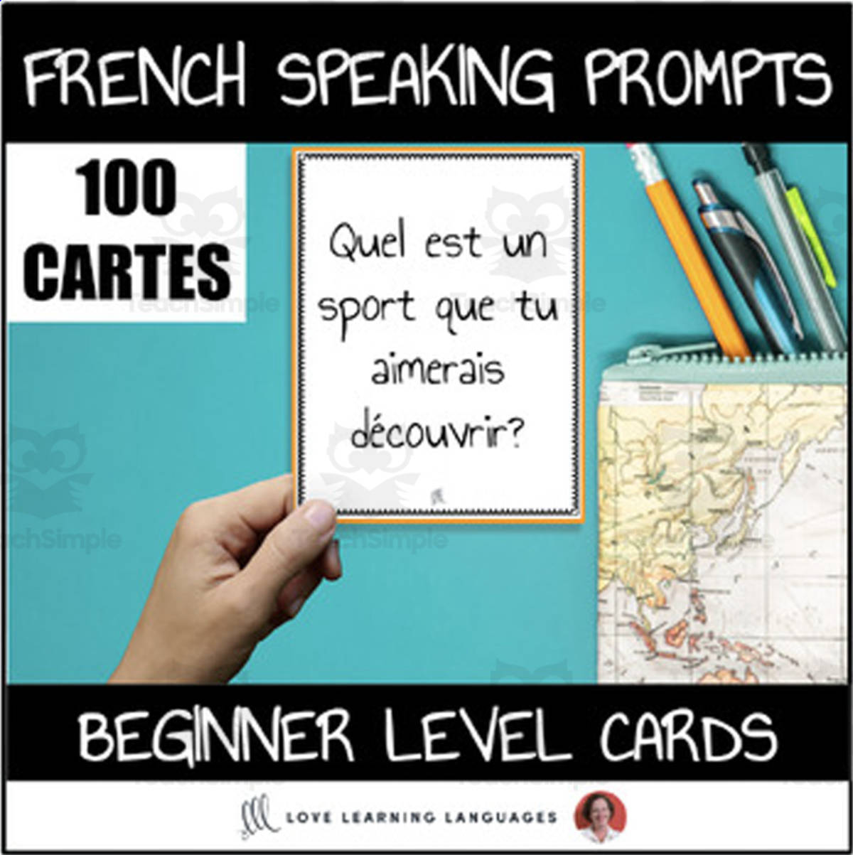 An educational teaching resource from Love Learning Languages entitled French Speaking Prompt Cards For Beginners - 100 Cards - 100 Themes downloadable at Teach Simple.