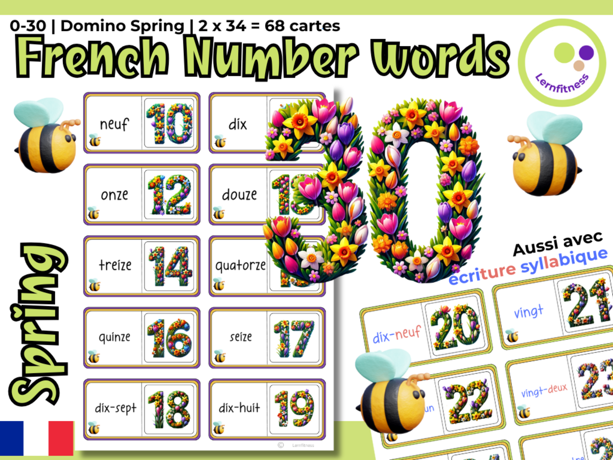 An educational teaching resource from Lernfitness entitled French: Spring-Themed Numbers Domino Game: Learning French FLE FLI FLS downloadable at Teach Simple.