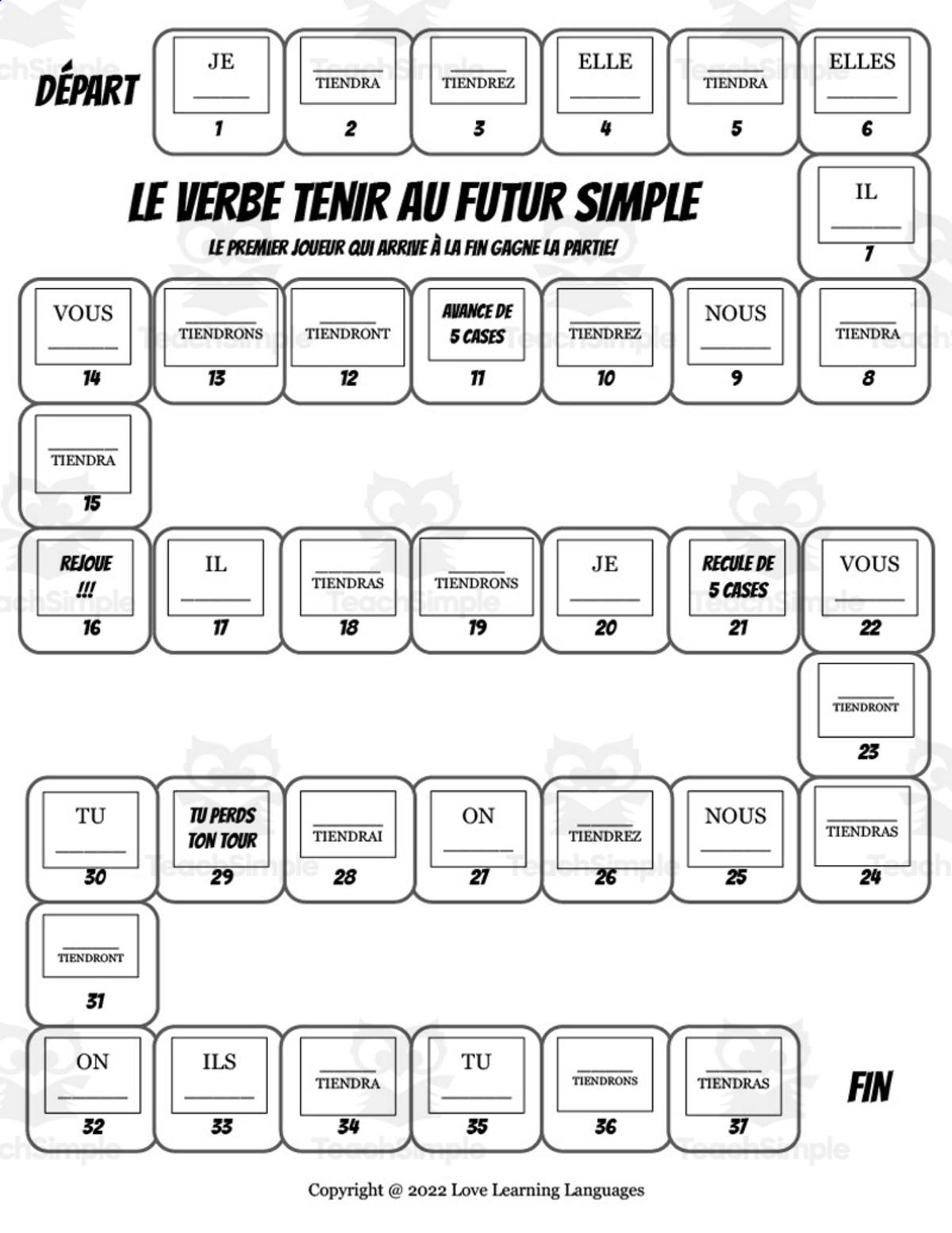 An educational teaching resource from Love Learning Languages entitled French: Tenir Conjugation Board Game - Futur Simple downloadable at Teach Simple.